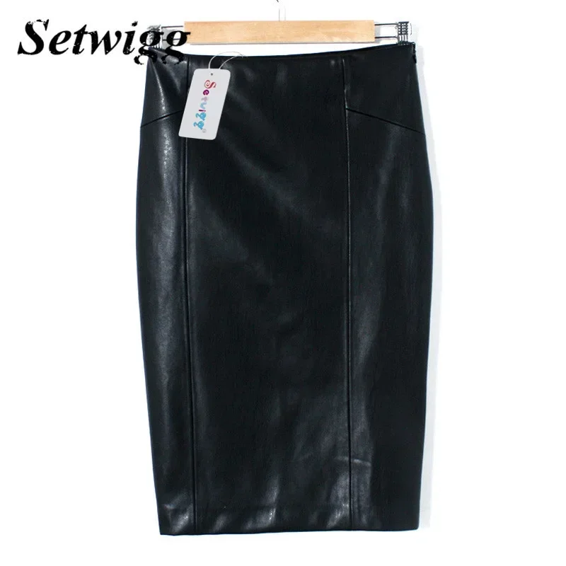 SETWIGG גבוהה באיכות עור מפוצל עיפרון חצאיות אימפריה מותניים רוכסן אביב שחור פו סינטטי עור Bodycon משרד חצאית
