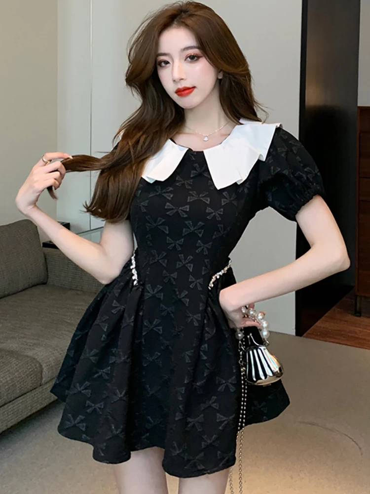 2023 Black Jacquard Chic Ruffled Doll Collar Mini Dress Women Fashion