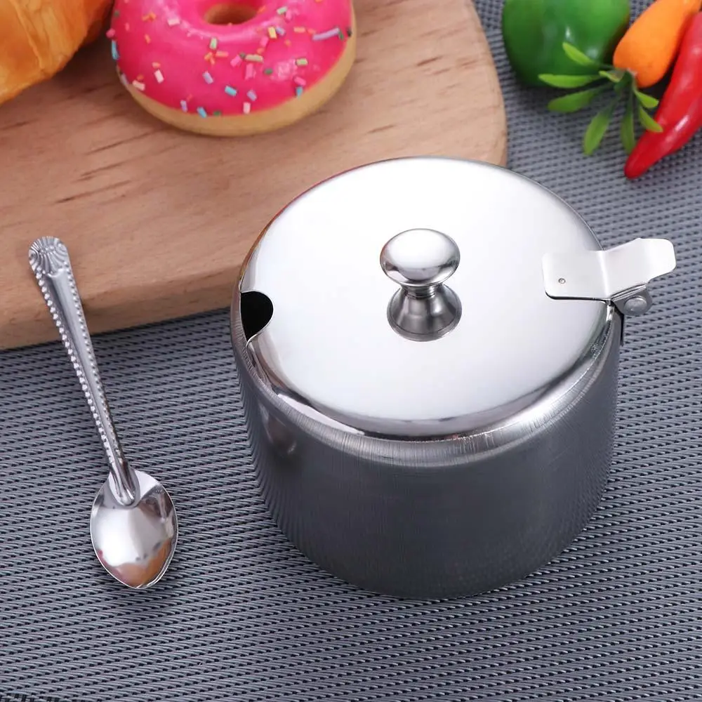 Practical Silver Stainless Steel Sugar Bowl Dustproof with Lid Spoon ...
