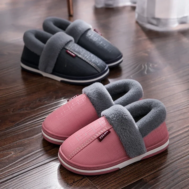 

Big Size 50 51 Men Winter Warm Pu Leather Waterproof Slippers Women Home Bedroom Casual Plush Shoes Non Slip Indoor Furry Slides