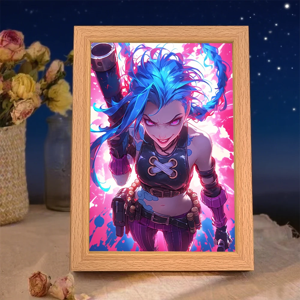 LED Illuminated Anime Frame featuring League of Legends' Jinx – Unique Bedroom Decor & Perfect Gift