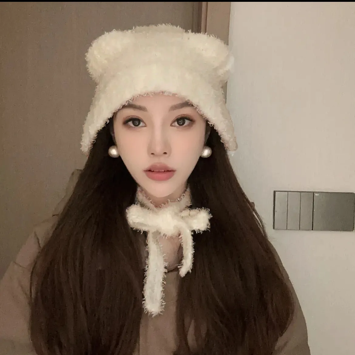Korean Version INS Cute Bear Ears Warm Bomber Beanie Hat Lady Autumn and Winter Cute Windproof Face Small Earmuffs Knitted Cap