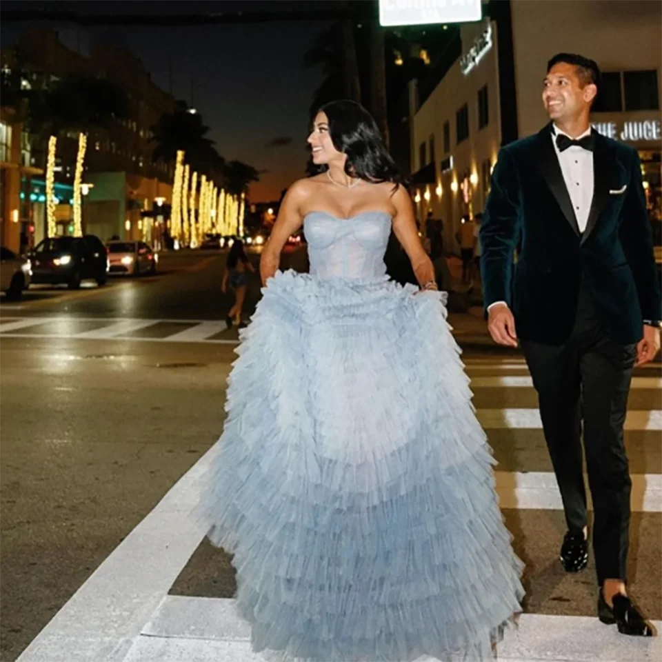 Customized Charming Sweet Dusty Blue Strapless Multi-layered Ruffles Evening Wedding Dress 2026 Floor Length Formal Bridal Gowns
