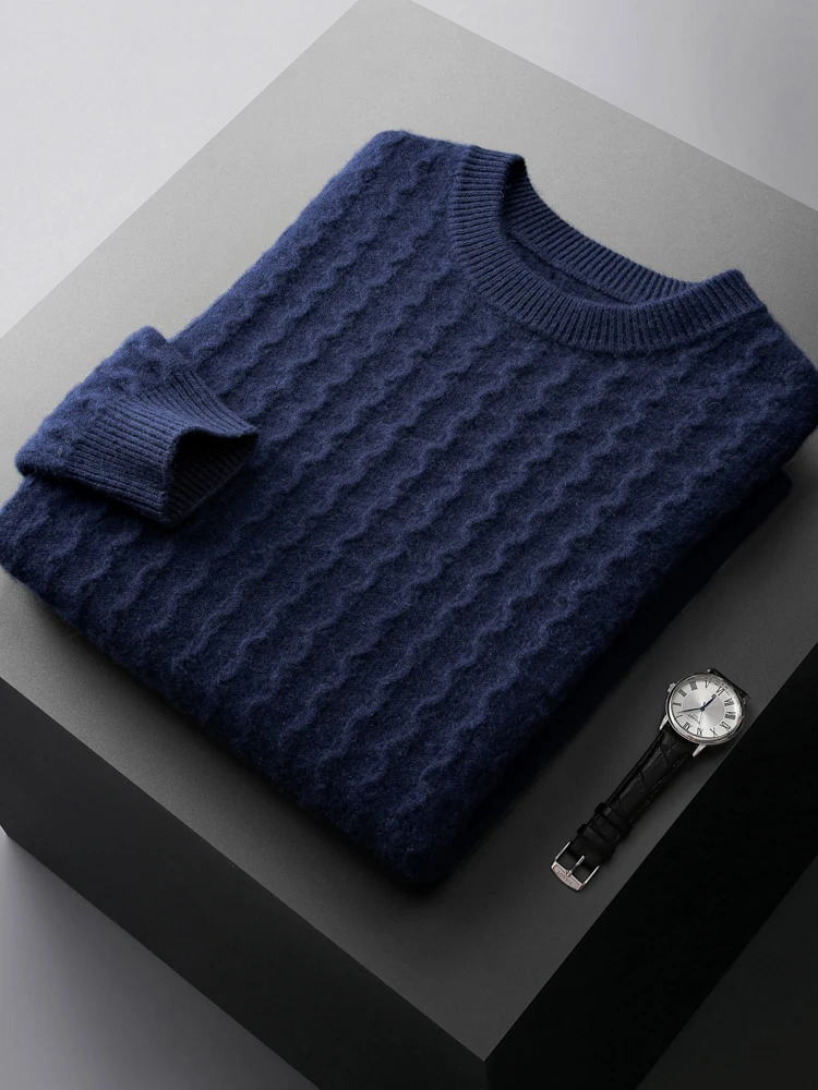 Autumn winter new  100% cashmere men sweater pullover Long sleeve O-neck corrugated loose plus size business casual knitted coat