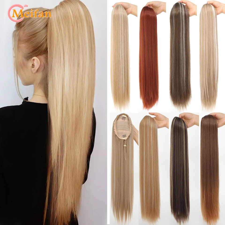 MEIFAN Synthetic Long Straight Drawstring Ponytail for Women Clip in Hair Extensions Black Blonde 60cm Natural Fake Hairpiece