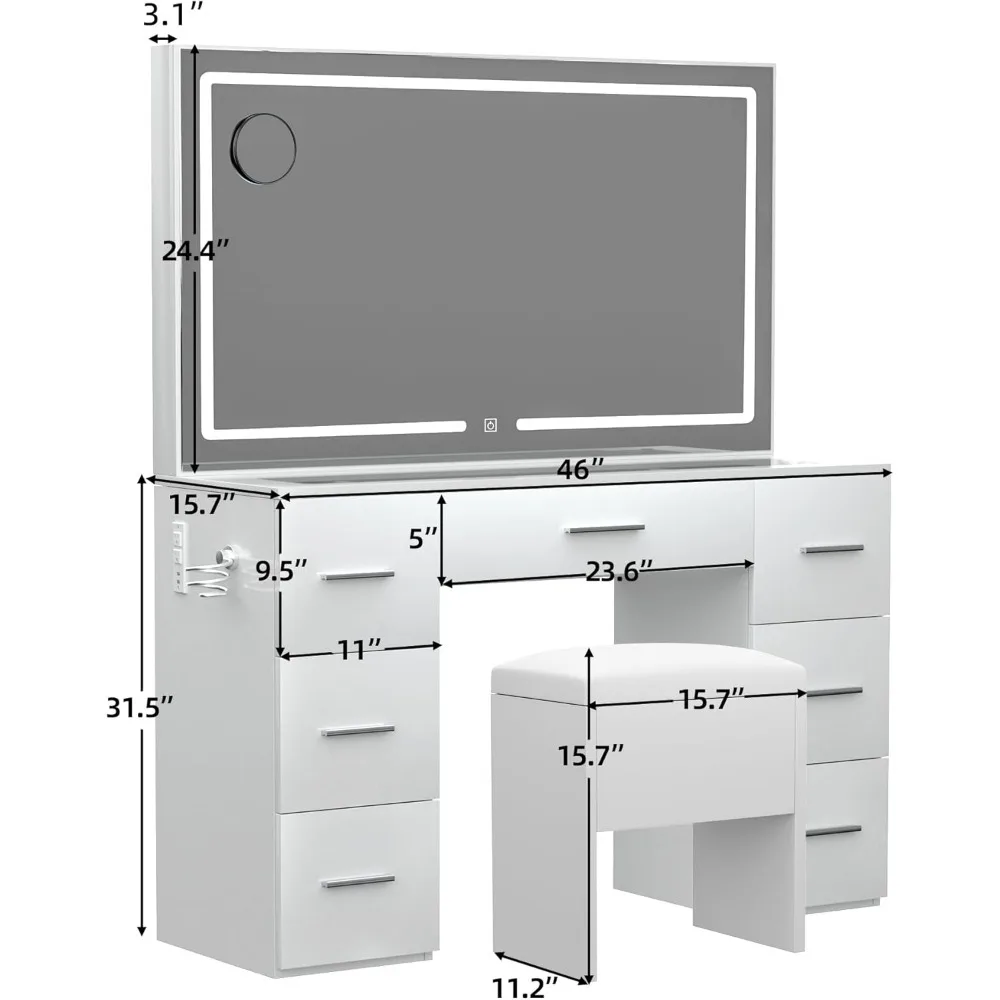 Makeup Vanity Desk with Power Outlet, 7 Drawers Vanity Table with Cushioned Stool, 3 Lighting Modes Brightness Adjustable,White 5