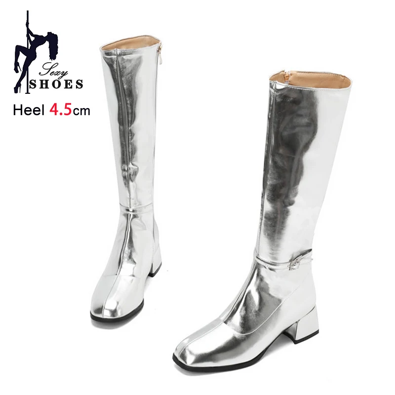4.5CM Chunky Heel Women Knee High Boots Luxurious Silver Stage Show Shoes Belt Buckle Design Winter Square Toe Party Long Boots