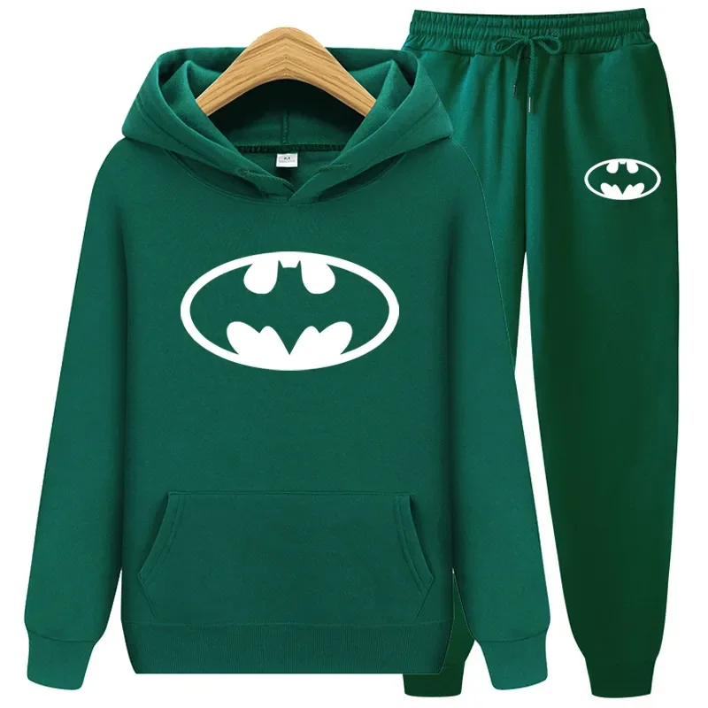 

2 Pieces Men Tracksuit Casual Smiling Face Bat Man Hoodies Pullover + Pants Suit Fleece Hooded Sportswear Suit Two Piece Sets