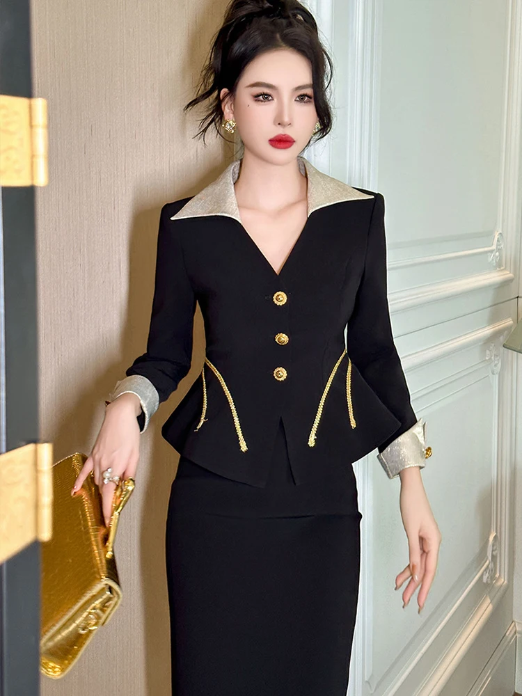 Fashion Elegant Pieces Sets Women Black Gold Contrast Suit