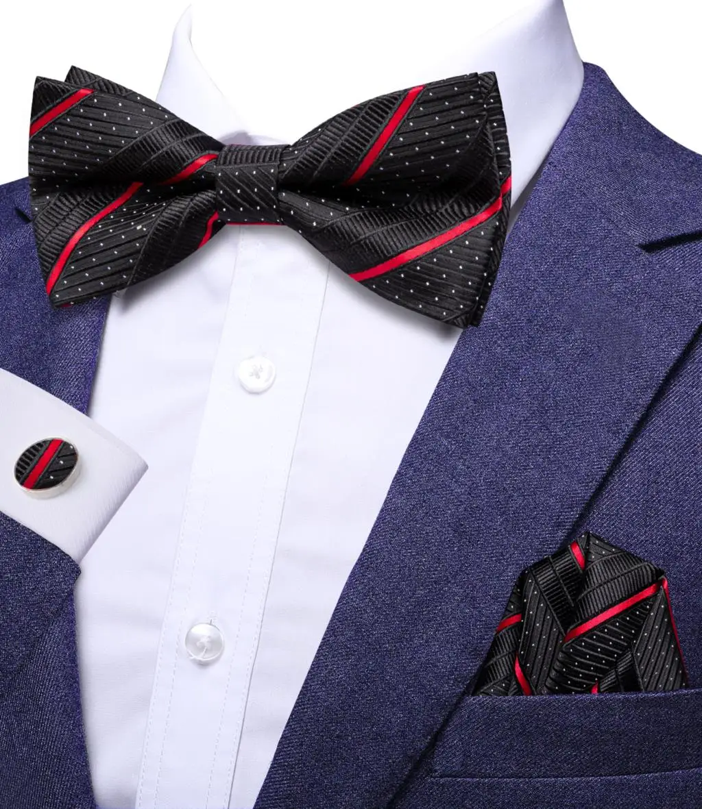 

Hi-Tie Striped Black Red Butterfly Silk Men Bow Tie Hanky Cufflink Jacquard Pre Tied Bowtie for Male Business Wedding Party