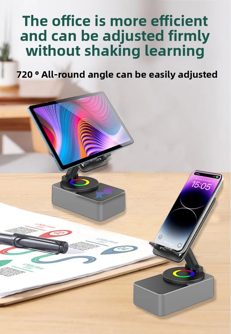 360° Rotating Phone Stand with Bluetooth Speaker & Power Bank, Adjustable Tripod