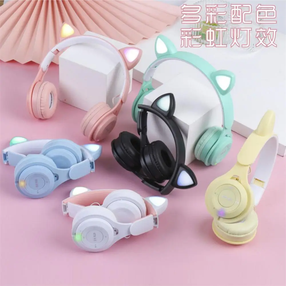 플래시 라이트 귀여운 고양이 귀 무선 헤드폰, 마이크 제어 LED, 어린이 소녀, 스테레오 음악 헬멧, 전화 헤드셋 선물
