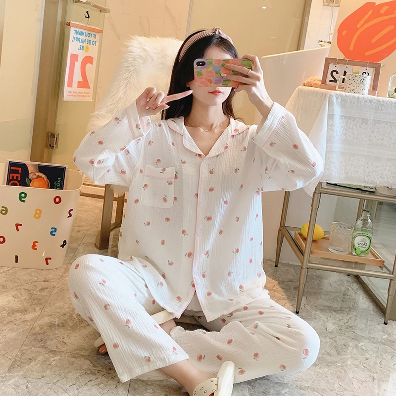 Women Cotton Gauze Pajamas Long Sleeve Spring Pajama Set Heart