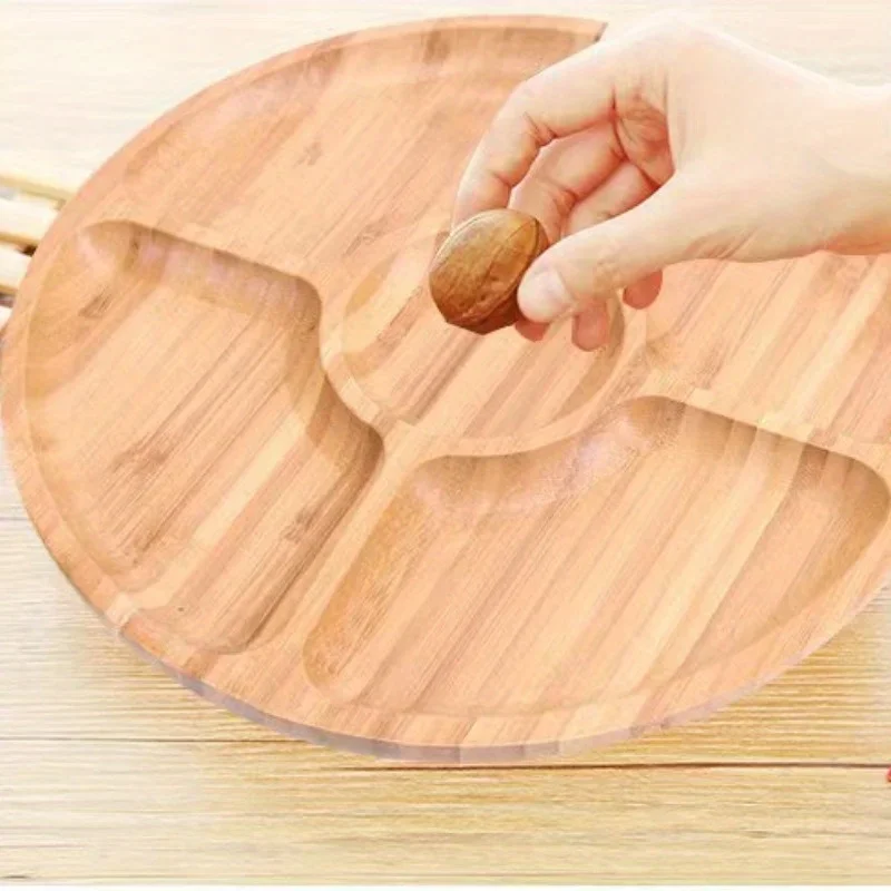 Wooden Divided Serving Trays Bamboo Fruit Tray with 5 Compartments Round Serving Tray for Party Dishes Snacks Dried Fruits 5