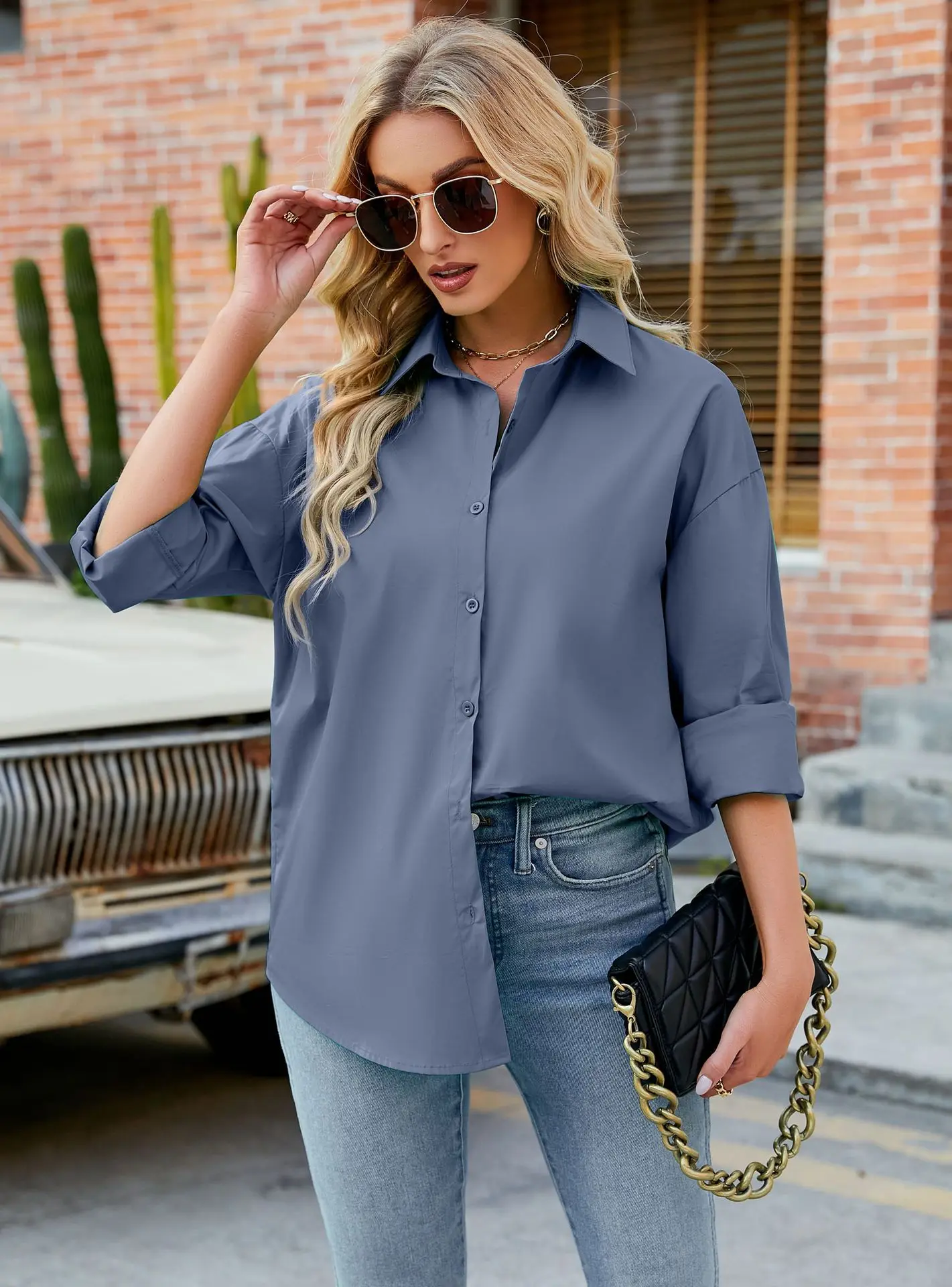 Womens Clothing V-neck Solid Button Long Sleeve Casual Blouse