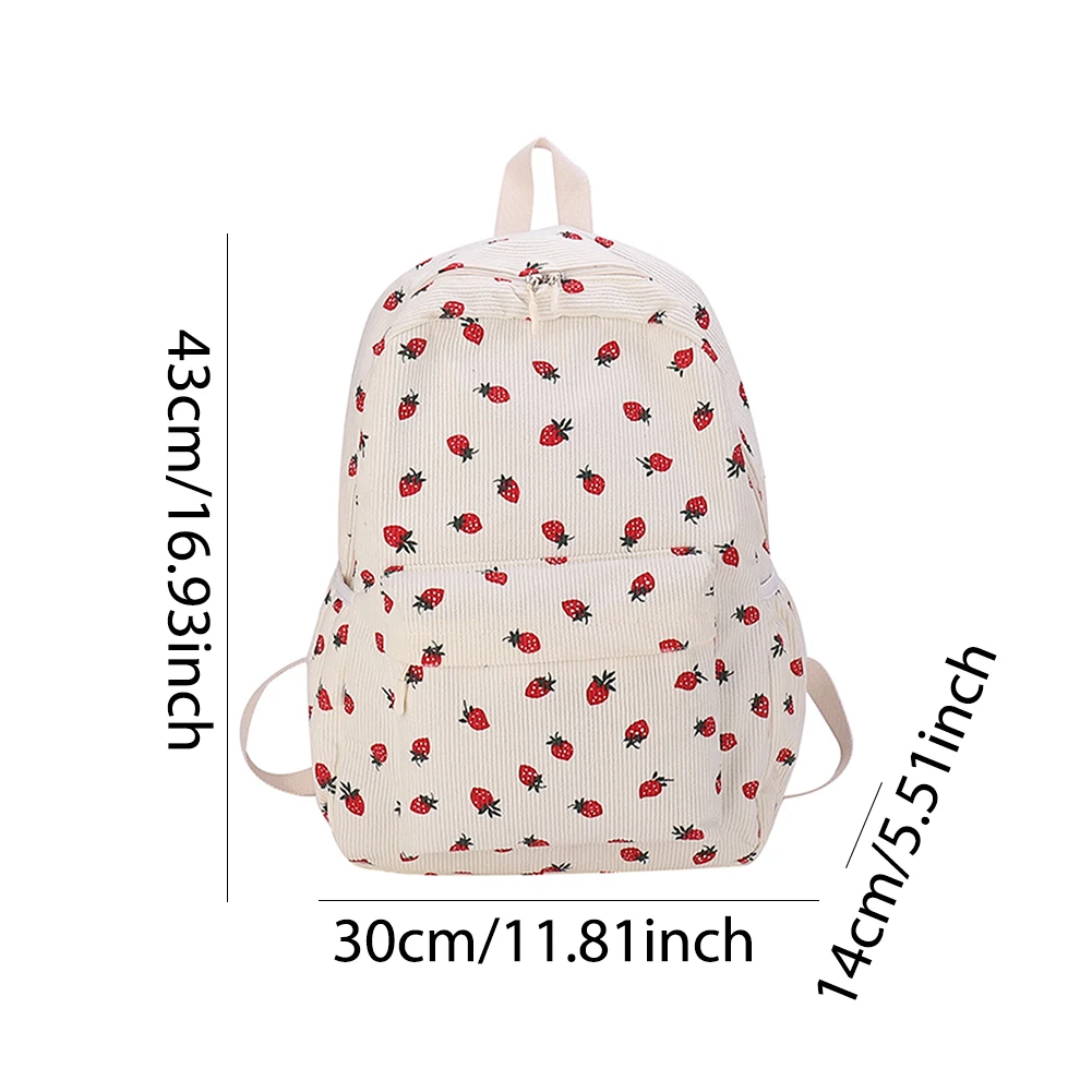 Corduroy Strawberry Backpack Casual Travel Large Capacity Adjustable Strap Womens Backpack for Women Girls