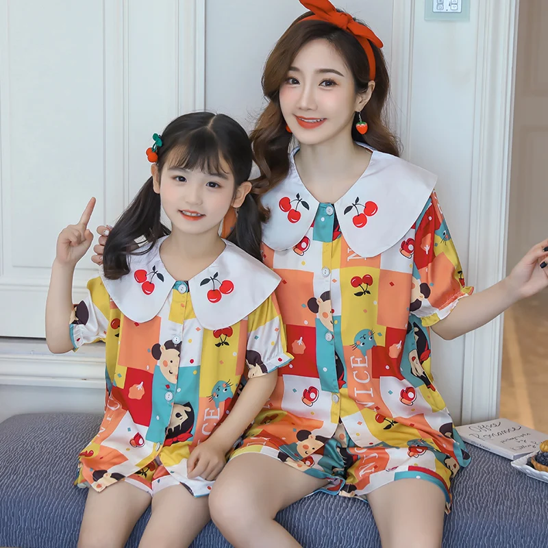 2022 Summer New Family Silk Satin Pajamas Set Adult Kids Mother And Daughter Son Sleepwear Baby Family Look Outfits