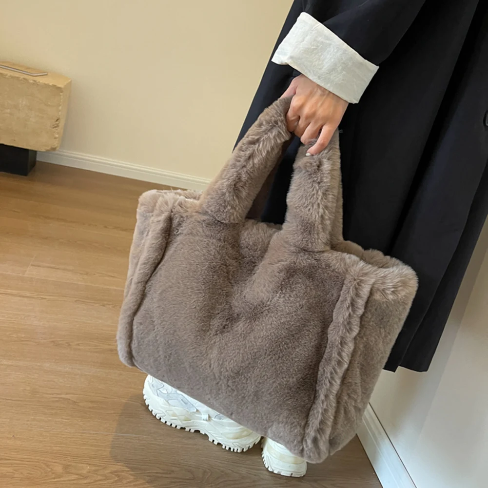 Women Fluffy Tote Bags Soft Plush Shoulder Bag Cute Faux Fur Hobo Bag Trendy Large Capacity Travel Work Bag