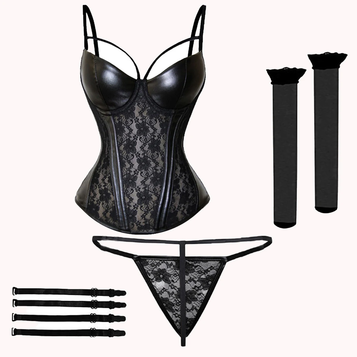 

New Women Fun Underwear Steel Bone Waist Gather garter Strap Sexy Lace PU Leather Splice Corset