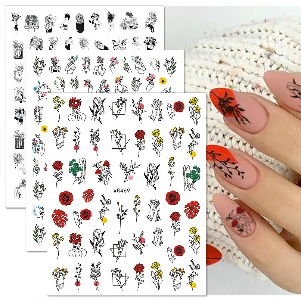 

3D Nail Art Stickers Sexy Girl Face Image Self Adhesive Transfer Stickers Abstract Lines Leaves Nail Decals DIY Manicures