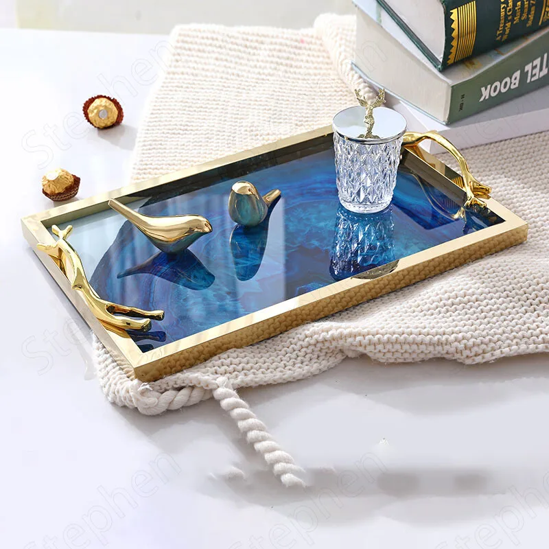 

Metal Agate Texture Trays Decorative Nordic Modern Golden Handle Large Coffee Table Tray Home Tea Cup Wine Set Dispaly Plate