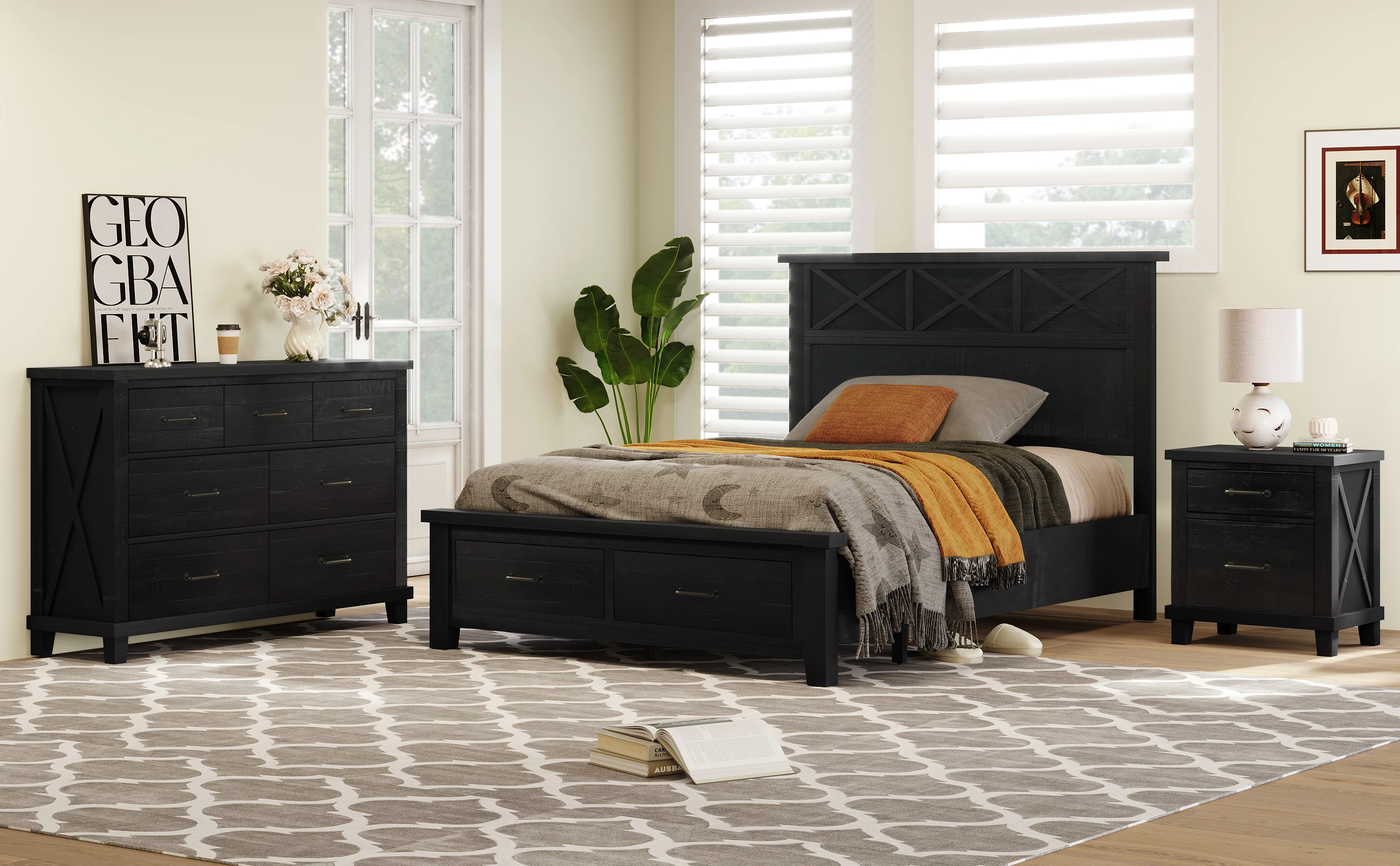 

Rustic Farmhouse Style 3 Pieces Bedroom Sets Queen Bed with 2 Drawers, Nightstand and Dresser, Coffee