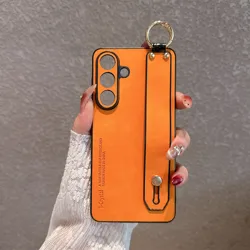 Luxury Matte Sheepskin Leather Wrist Strap Phone Case with Lens Protection - Galaxy S23 Ultra (Orange)