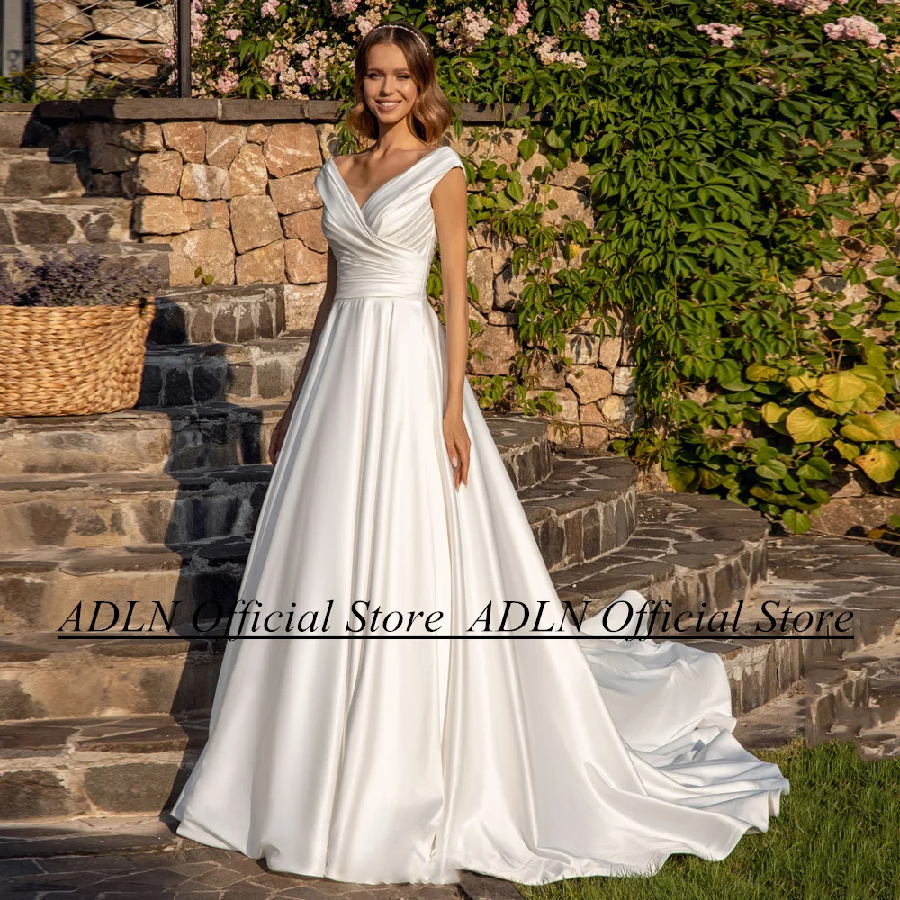 Satin Wedding Dress Cap Sleeve V Neck Pleat Draped Back Zipper Sweep Train Simple Bridal Gown Vestido De Noiva wedding dresses