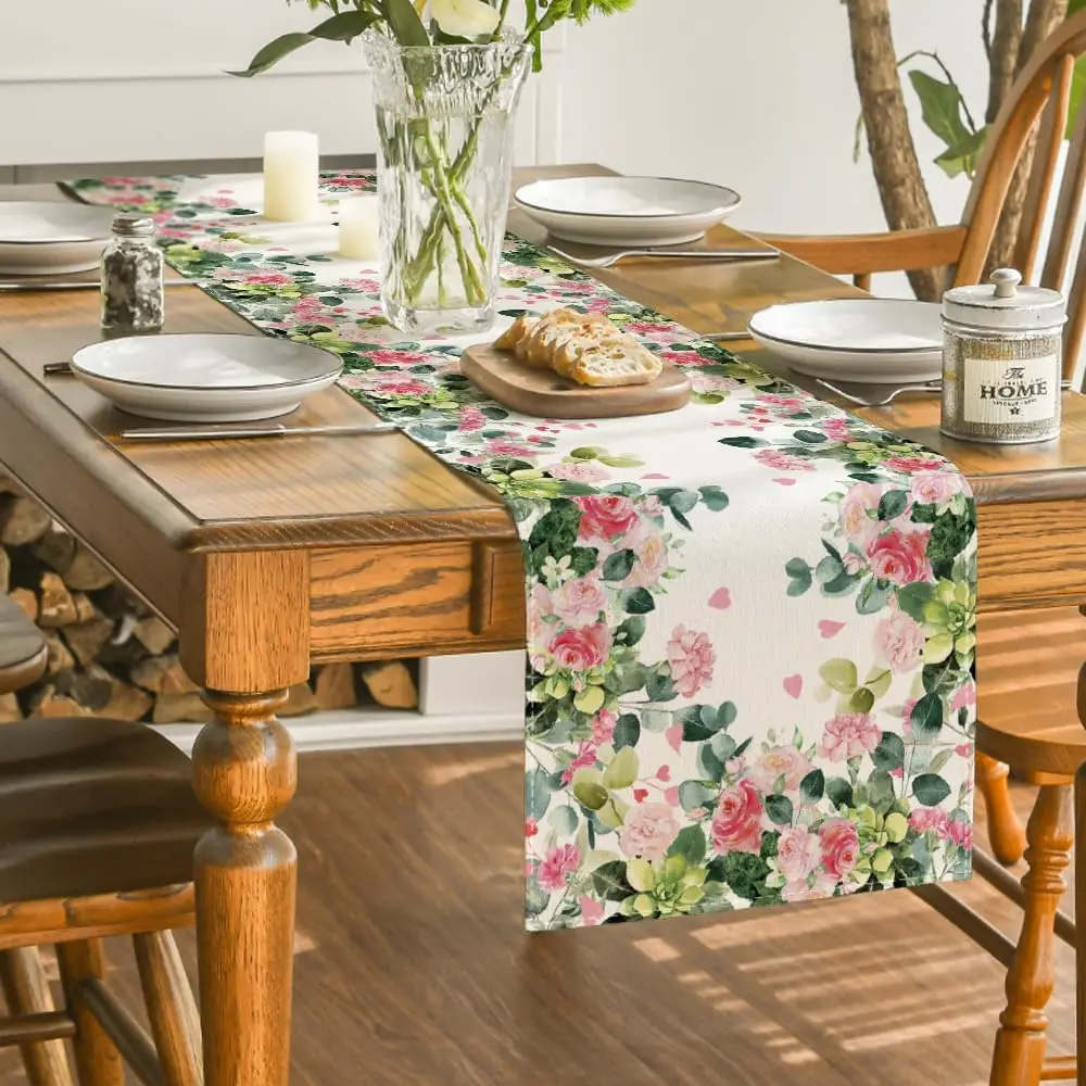 Spring Leaves Pink Flowers Linen Table Runner Holiday Party Decor Farmhouse Kitchen Dining Table Runner Mother's Day Decorations 4