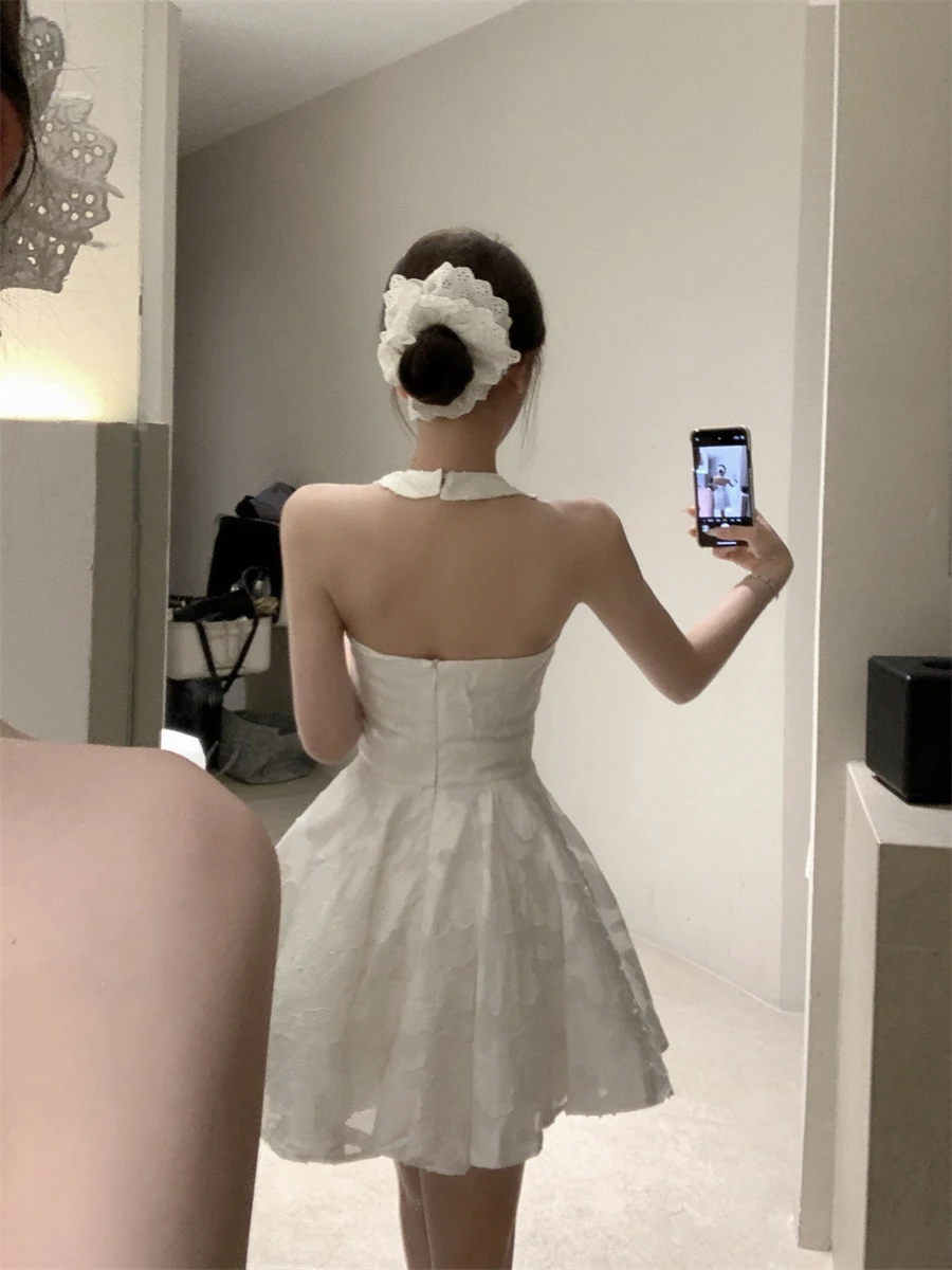 Y2K Halter Backless Short Dresses for Women V-neck Jacquard Sleeveless A-line Birthday Party Dress Prom Mini Vestidos Mujer New