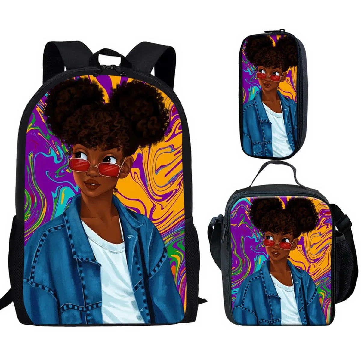 3D Printed Africa Girl Black Queen Backpack Primary and Middle School Students Girls Schoolbag Lunch Bag Pen Case 3pcs/set