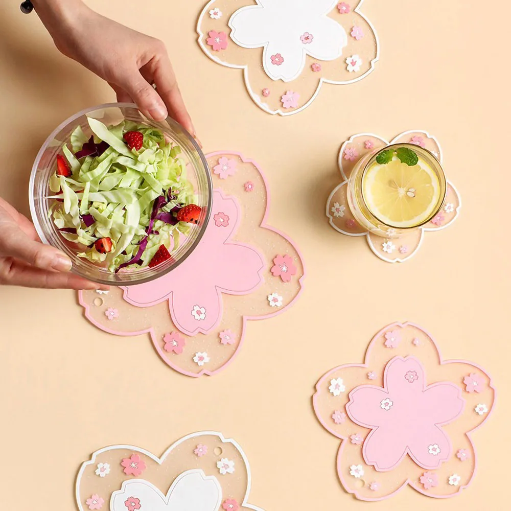 Sakura Floral Pink Coaster - Elegant PVC Heat-Resistant Mat for Home and Office Decoration