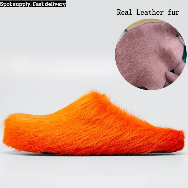 

2023 Women & Men's Fur Horse Hair Slippers Leisure Vacation Shoes Flat Bottomed Thick Soled Leisure Outdoor Mule Shoes