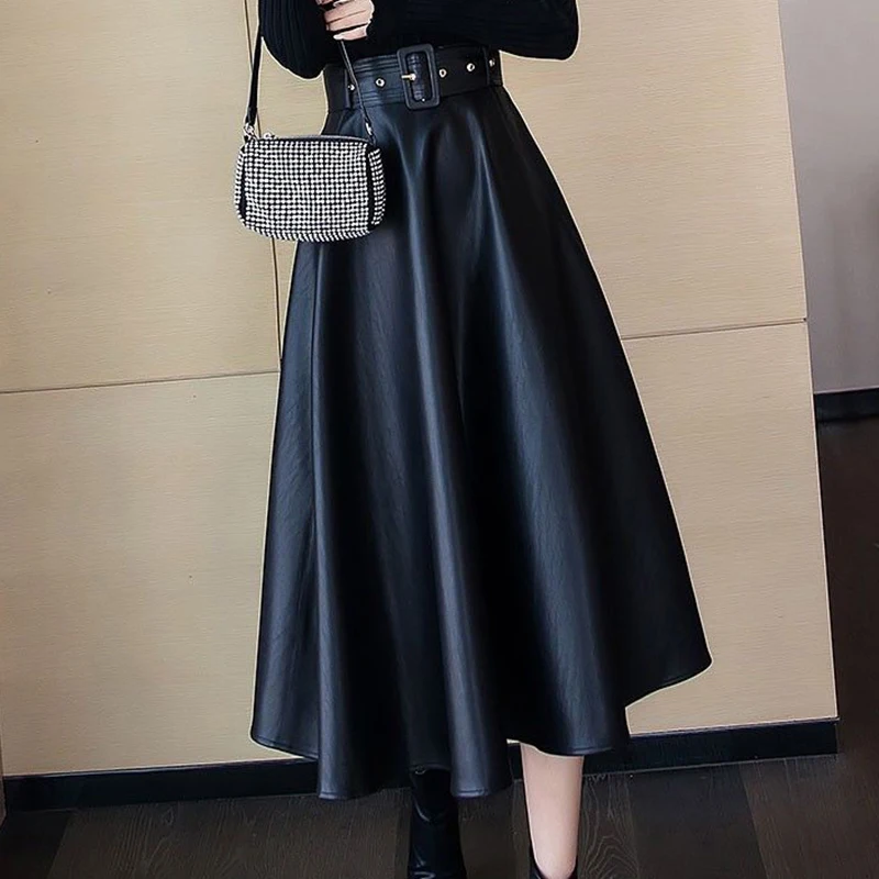 Leather half body mid to long length, 2024 spring slim, big swing A-line high waist umbrella autumn and winter half skirt