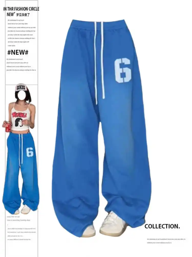 Women's Blue Baggy Pants Oversize Sweatpants Print Long Pants