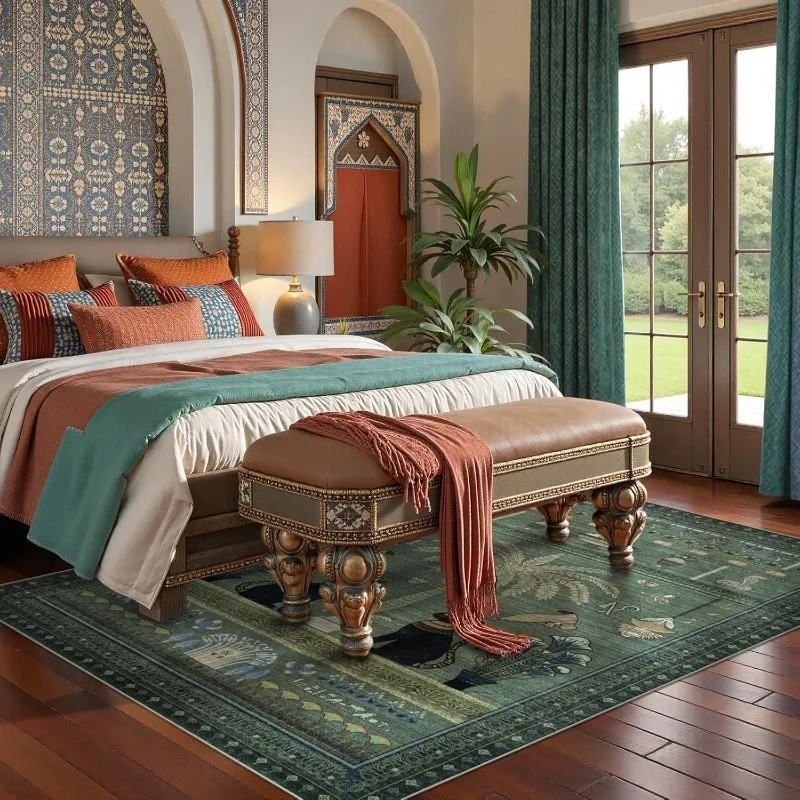 Bohemian Living Room Carpet Brown Black Cat Palm Tree Print Bedroom Rug Large Area Non-slip Machine Washable Coffee Table Mat 러그