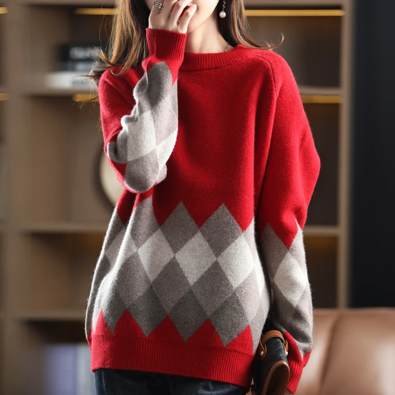 

100% Pure Wool Ladies O-neck Pullover 2021 Autumn/winter Thickened Color-blocking Knitted Tops Casual Oversized Cashmere Jacket