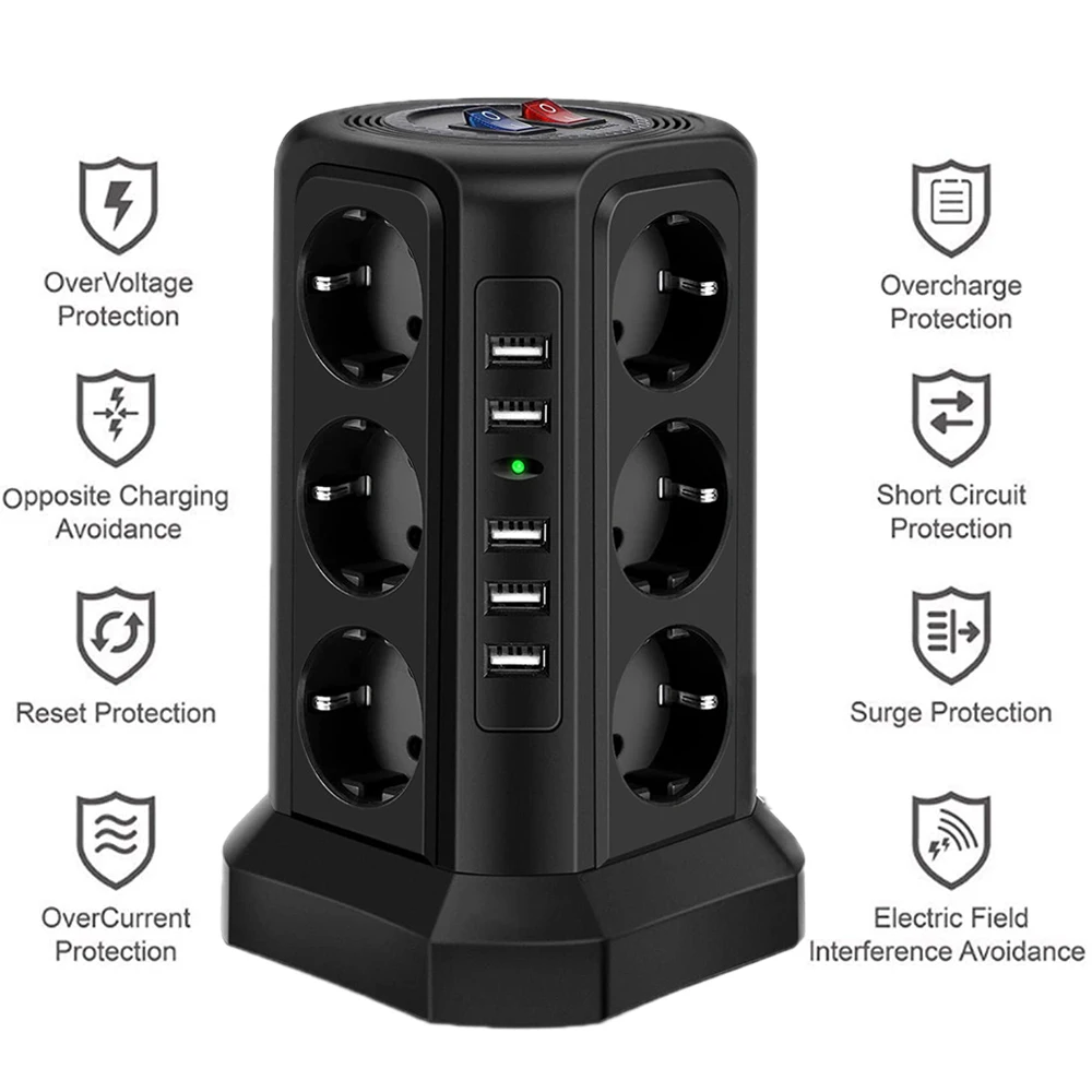 Tira de Energia Soquetes com Proteção de Circuito Protetor contra Surtos Torre Múltipla Vertical Plug 12 Vias Tomadas Usb 1.8m Extensão ue - Image 2