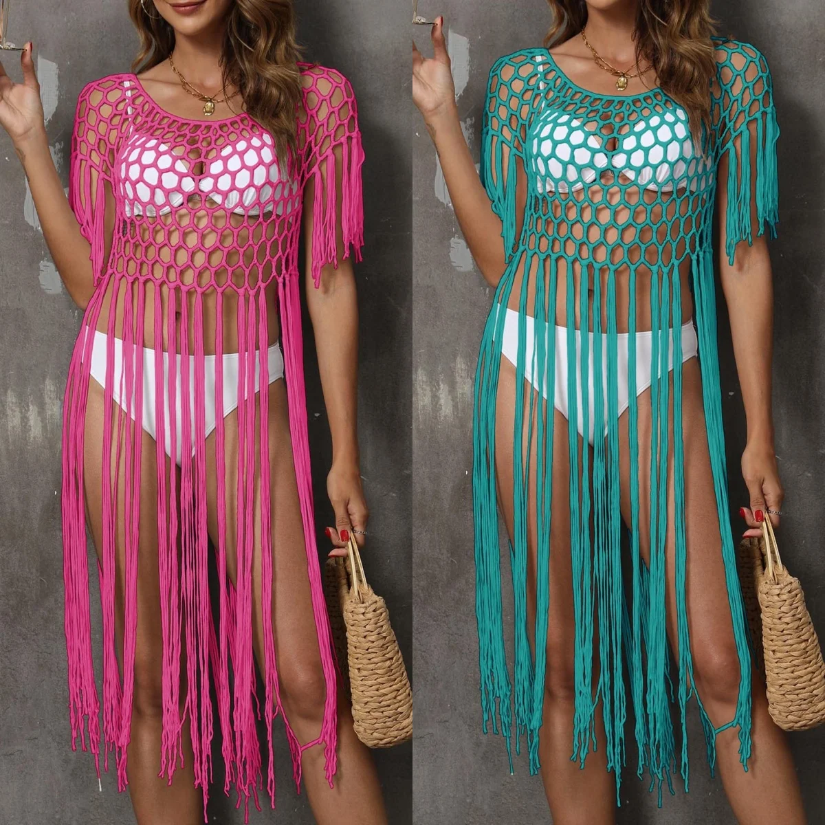 Women's beach cover-up knitted mesh sexy hollow tassel stitching pure hand hook bikini cover-up 2024 new style