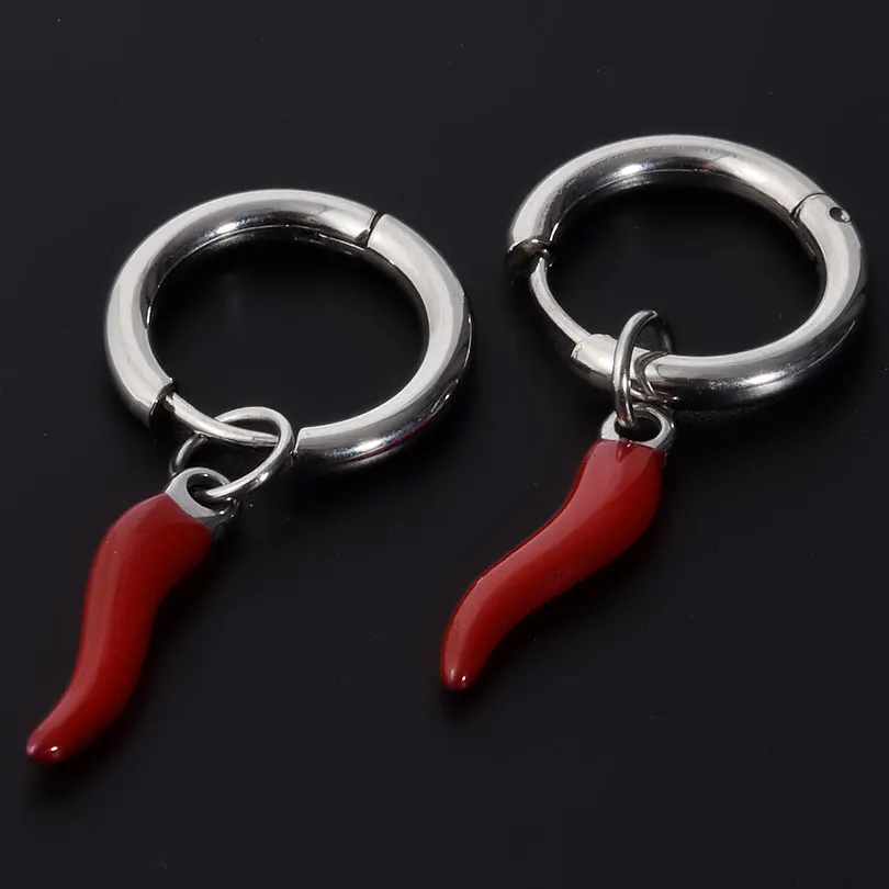1Pair Stainless Steel korean Girl Red Chili Hot Pepper Fake Piercing Hoop Earrings Lucky Italian Horn Aros Boucle Mujer Jewelry 6