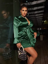 

Simplee Plus Sexy deep v-neck bodycon women dress dark green Plus size party pleated mini vestido Long sleeve summer shirt dress