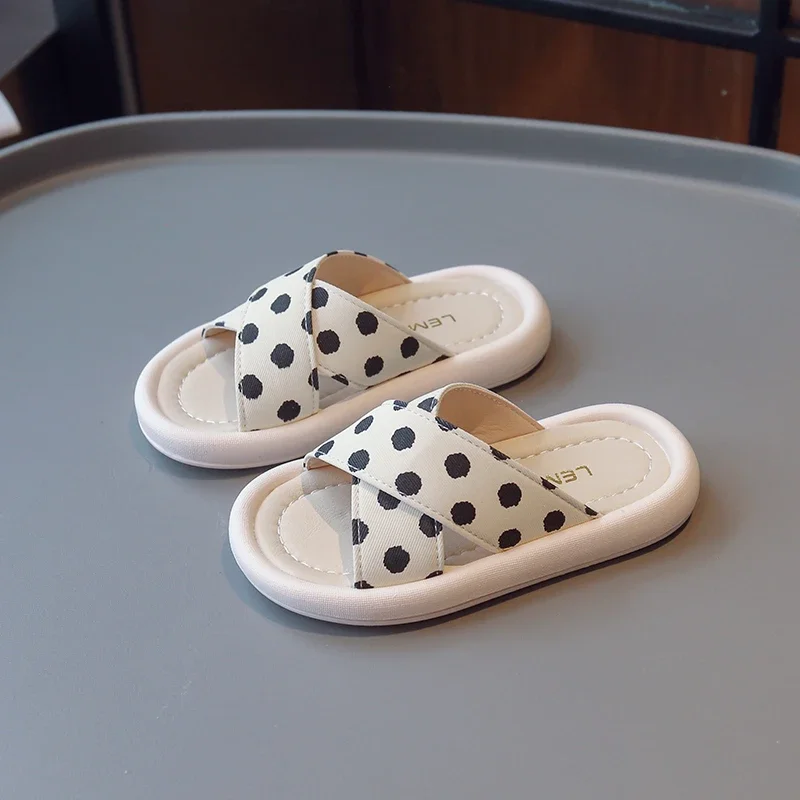 Girls Polka Dot Summer Slippers Kids Open Toe Flat Shoes