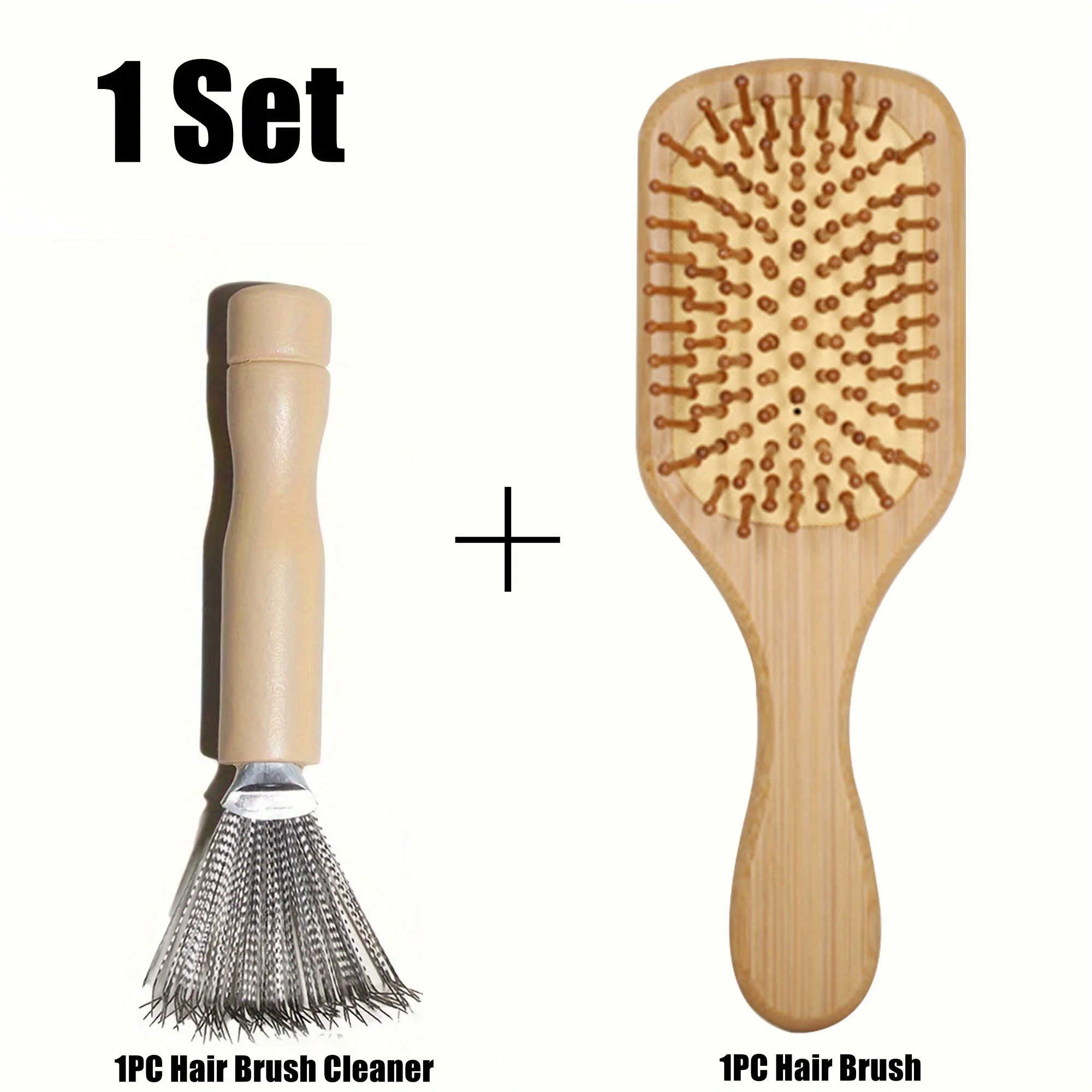 1 Adet Saç Fırçası Temizleyici ve 1 Adet Saç Tarağı Seti, Paslanmaz Çelik Dişli Ahşap Saplı Saç Fırçası Temizleyici, Bambu Masaj Tarağı