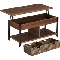 Lift Top Coffee Table with Hidden Storage Compartment and Rattan Baskets,Retro Central Table with Wooden Lift Tabletop 1