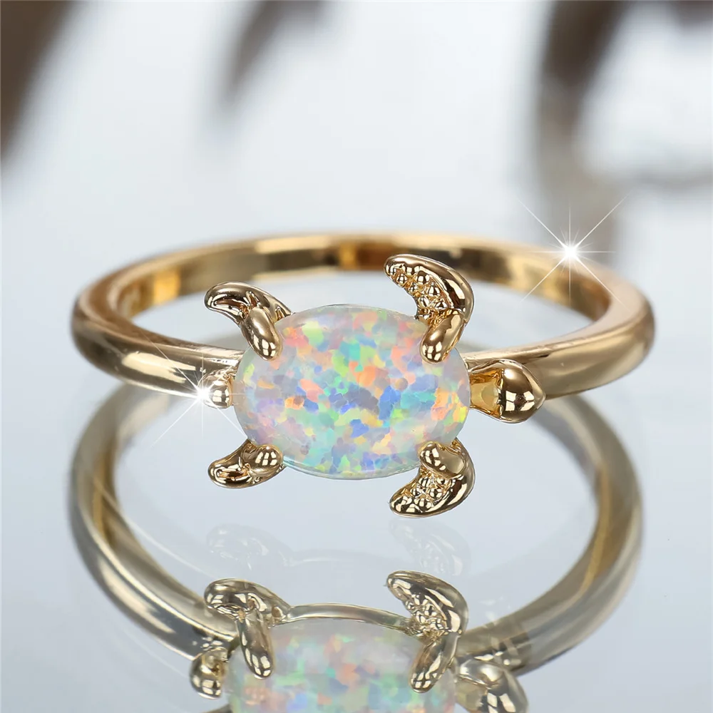 Charm Female White Fire Opal Stone Round Turtle Ring Gold Color Wedding Jewelry For Women