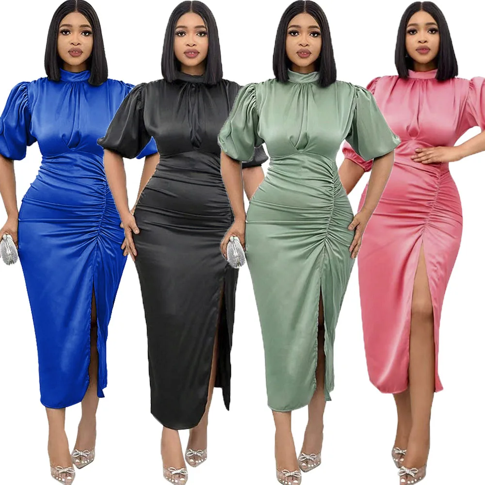 

2023 Sexy Satin Irregular Women High Neck Pleated Bodycon Slim Slit Long Maxi Dresses Evening African Femme Party Gown Vestidos