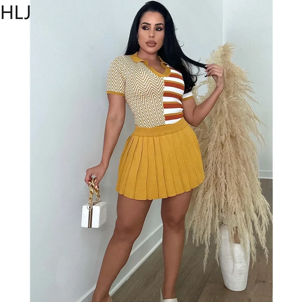 HLJ Casual Knitting Stripe Printing Pleated Skirts Two Piece Sets Women V Neck Short Sleeve Crop Top And Mini Skirts Outfit 2023 pure cashmere sweater men s half high neck twist high end cashmere thick warm sweater jacquard business casual knitting