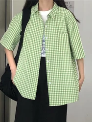 Vintage Green Plaid Women's Casual Top - Kawaii Harajuku Y2K Blouse - S (Green)