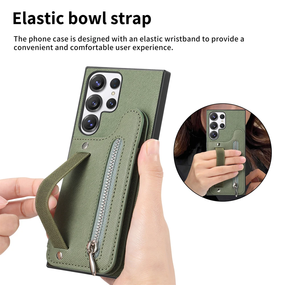 Zipper Card Slot Leather Wallet Case with Elastic Wrist Strap
