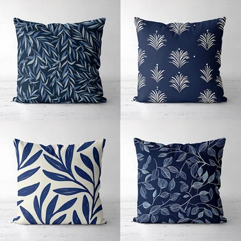 Product Title: Blue Leaf Print Decorative Throw Pillow Cover 1